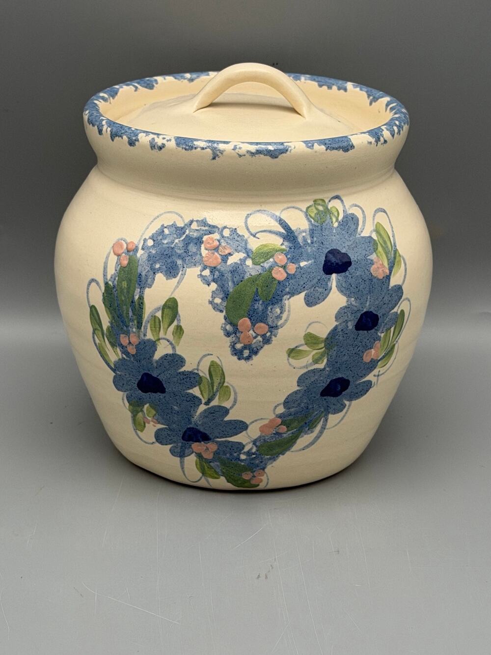 East Texas Pottery Lidded Crock Blue Floral Heart Wreath Spongeware Handmade